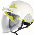 ONYX - Zaštitna kaciga sa dvostrukom školjkom od ABS-a te polikarbonatnim vizirom na uvlačenje. Dinamičan i sportski moderan dizajn inspiriran svijetom sporta koji nudi dvostruku zaštitu za teška radna okruženja i električne rizike po pristupačnoj cijeni za sve korisnike. 3 tekstilne trake sa 6 tačaka pričvršćenja, spužvica za čelo. Opseg glave podesiv od 53 do 63 cm pomoću gumba Rotor One-D. 2 moguće pozicije opsega glave (visoka/niska) za veću udobnost. Bolja raspodjela sile udara u slučaju udarca i zajamčena udobnost korisnika. Električna izolacija do 1000 VAC / 1500 VCC, zaštita od električnog luka klasa 1 (GS-ET 29). Vizir sa obradom protiv zamagljivanja N i ogrebotina K, sa zaštitom od električnog luka, prskanja rastaljenog metala i vrućih tekućina. Jednostavno fiksiranje vizira u dvije pozicije-optimalna sigurnost: vizir se ne podiže niti pada neočekivano. Optimizirana zona za prihvat vizira. Udobna udaljenost između vizira i lica korisnika, dobar protok zraka sprječava zamagljivanje, kompatibilno s dioptrijskim naočalama.Balansiran centar za ravnotežu - pogodan za dugotrajnu upotrebu, smanjen rizik od mišićno-skeletnih poremećaja (MSD). Kopče predviđeno za pričvršćivanje elastične trake za čeonu svjetiljku-lampu. ZADOVOLJAVA NORME: EN397:2012+A1:2012 (MM, LD, -20°C+50°C, 440VAC). EN50365:2002 klasa0-Električno izolirane kacige za upotrebu na instalacijama niske napetosti. EN170:2002 2C-1.2 Filtri za zaštitu od ultraljubičastog zračenja. EN166:2001 (1 AT 8 9 KN-Stakla, 3 8 9 AT-Sklapanja). GS-ET 29:2011-05 Dodatni zahtjevi za zaštitu od električnog luka (8-1-0 Stakla, Klasa 1, Klasa 0 Razred propusnosti svjetla=razred 1:(50%≤VLT(D65)
YouTube prezentacija ( https://www.youtube.com/watch?v=nxzotnHK4H4 )