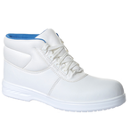 FW88 S2 - BIJELA Visoka zaštitna cipela sa čeličnom kapicom i vezanje na vezice. Gornjište od mikrofibera koje se lagano održava. Podstavljeni dio oko gležnja za dodatnu udobnost. Savršeno za ugostiteljstvo, prehrambenu, medicinsku i farmaceutsku industriju. Potplat jednostruki PU, protuklizni, otporan na ulje i gorivo. Apsorbira energiju u predjelu pete. Pogodno za vegane. EN ISO 20345:2022 S2 