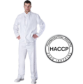 Odijelo bijelo dvodijelno po HACCP standardu, prekrivena dugmad, džepovi sa unutrašnje strane, 100% pamuk, 190-240 g/m2 ili mješavine tkanine Klopman (pamuk-poliester) u različitim gramažama.